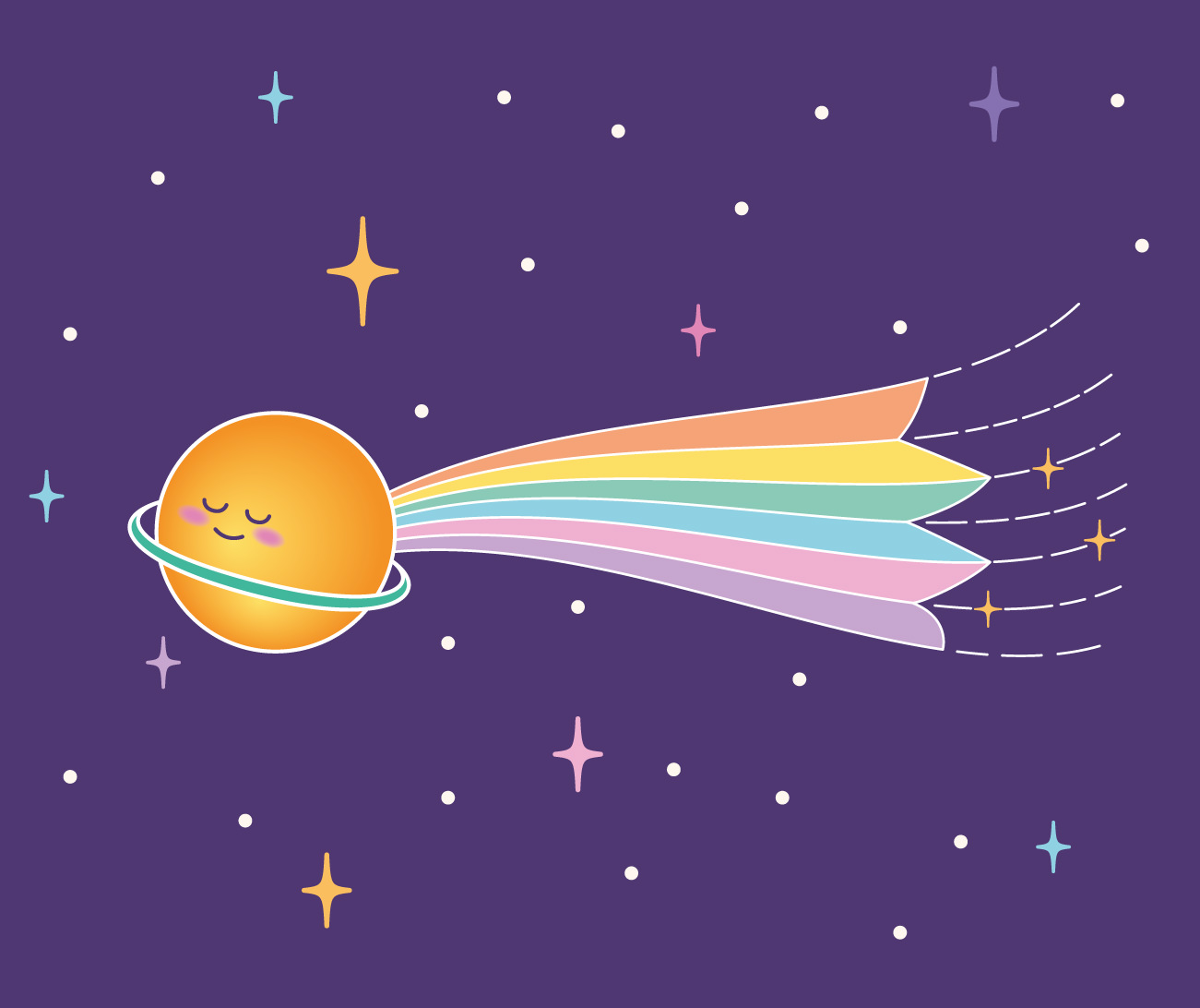 Dessin d'une comète se promenant paisiblement dans l'espace. Elle se dirige vers sa gauche avec une expression apaisée et une queue arc-en-ciel.