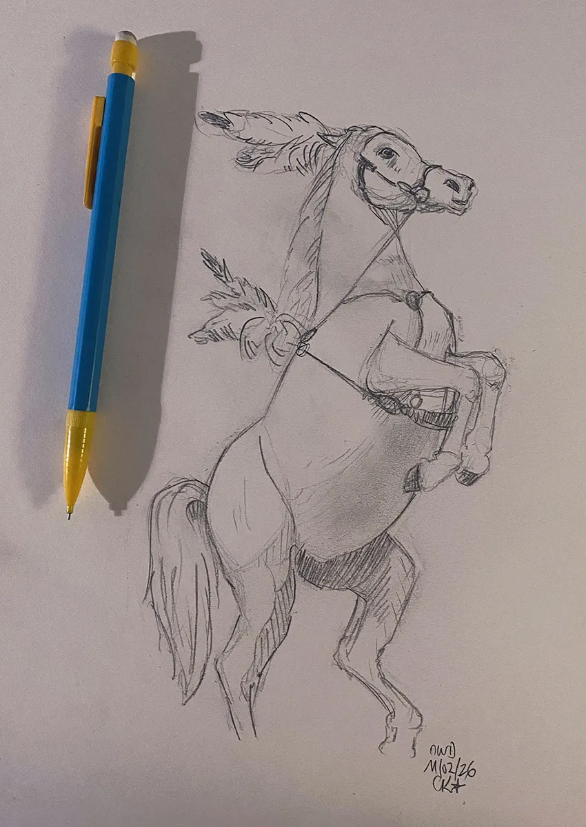 CARNET-OWD-Cheval-KOSMIK Croquis d'un cheval de cirque debout sur ses pattes arrières.