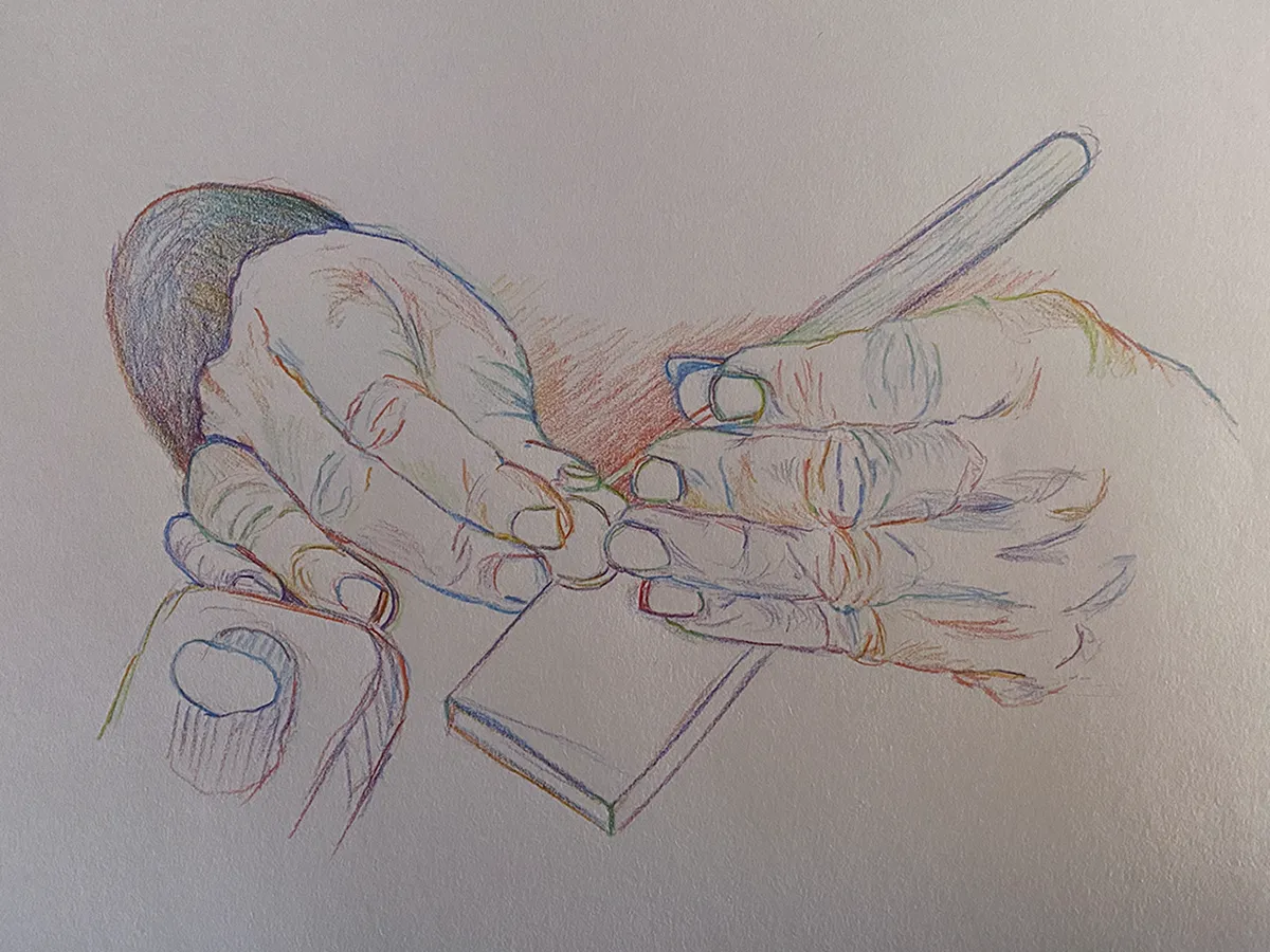 CARNET-OWD-Mains-Artisan-KOSMIK Dessin de mains d'un joaillier au crayon arc-en-ciel.