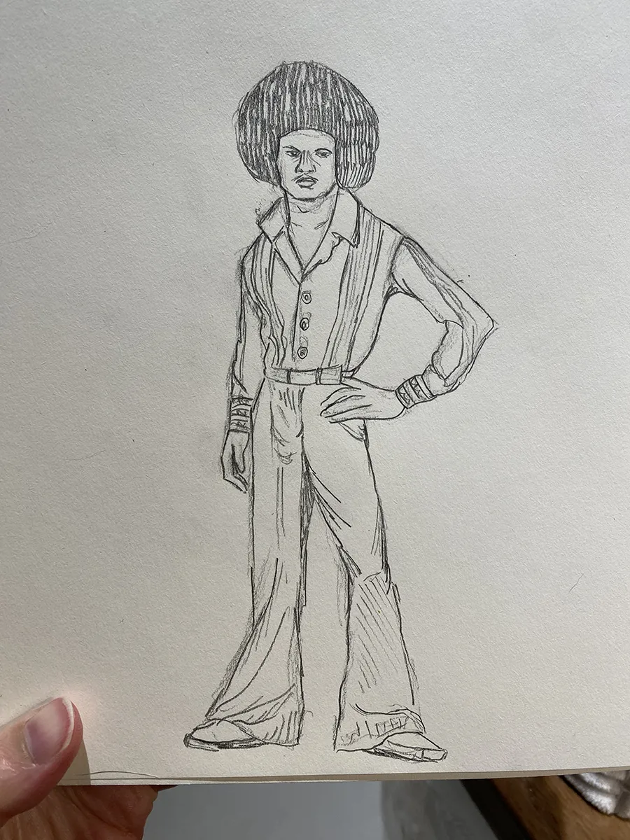 CARNET-OWD-Seventies-KOSMIK Croquis d'un homme avec une coupe afro et un look des années 70.