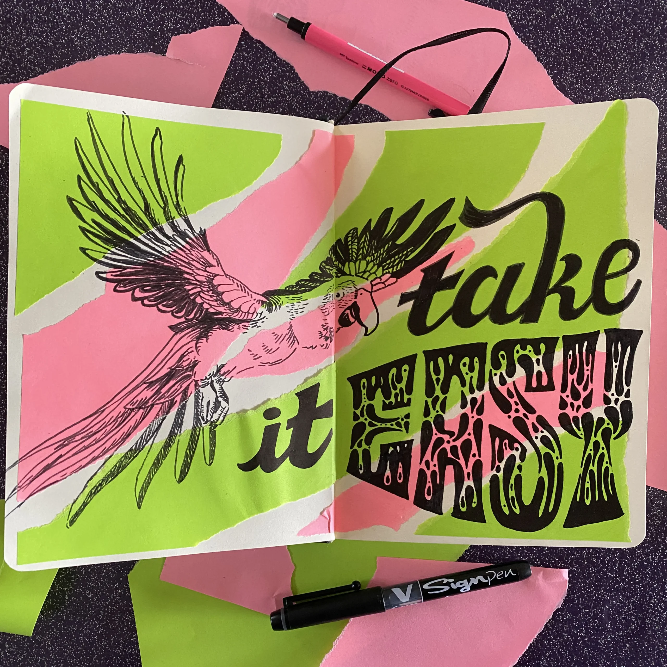 CARNET-Take-it-easy-KOSMIK Pages de carnet où est illustrée l'expression anglaise "Take it easy" près d'un perroquet en plein vol qui a l'air très heureux.