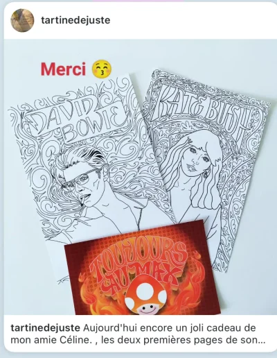 Post instagram montrant des pages du fanzine à colorier