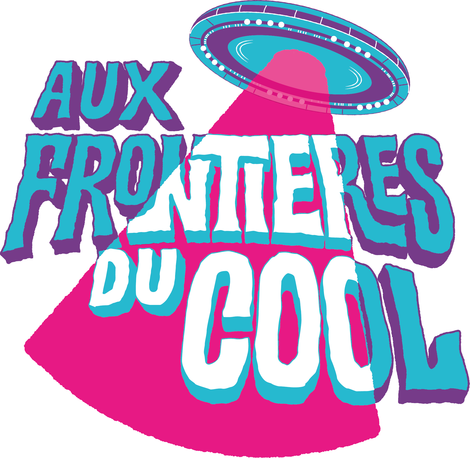 Logo Aux Frontière du Cool : un ovni essaye d'abducter le lettrage qui ressemble à ceux des comics américains des 60s