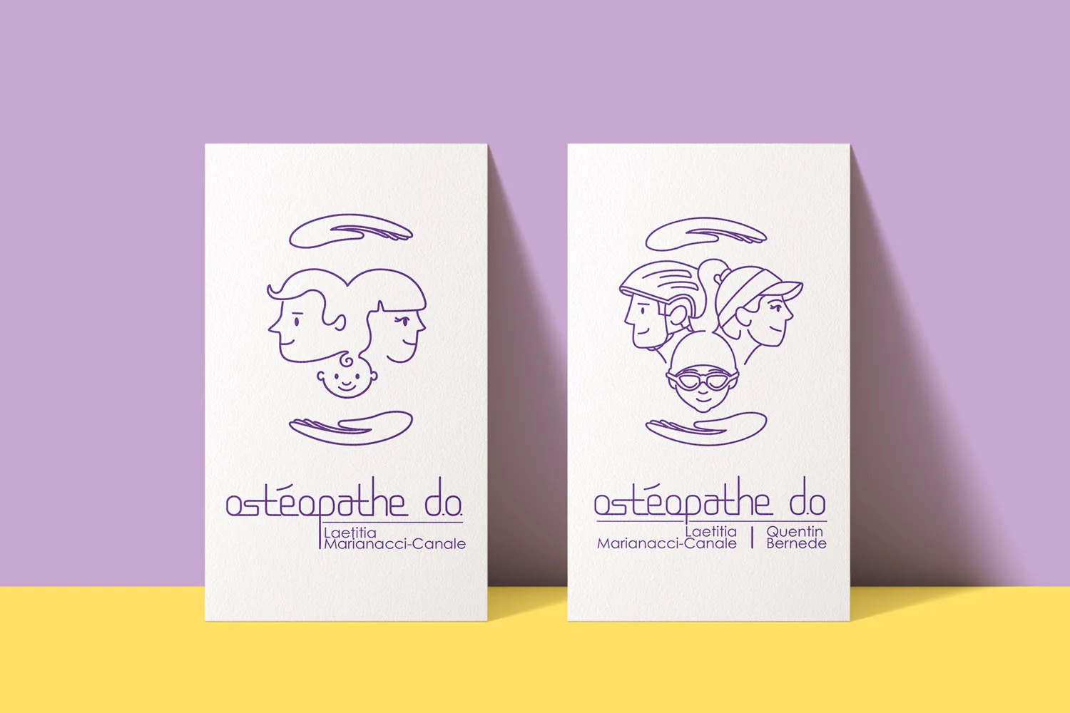 Cartes de visite portant chacune un des logos de l'ostéopathe, version famille et version sport
