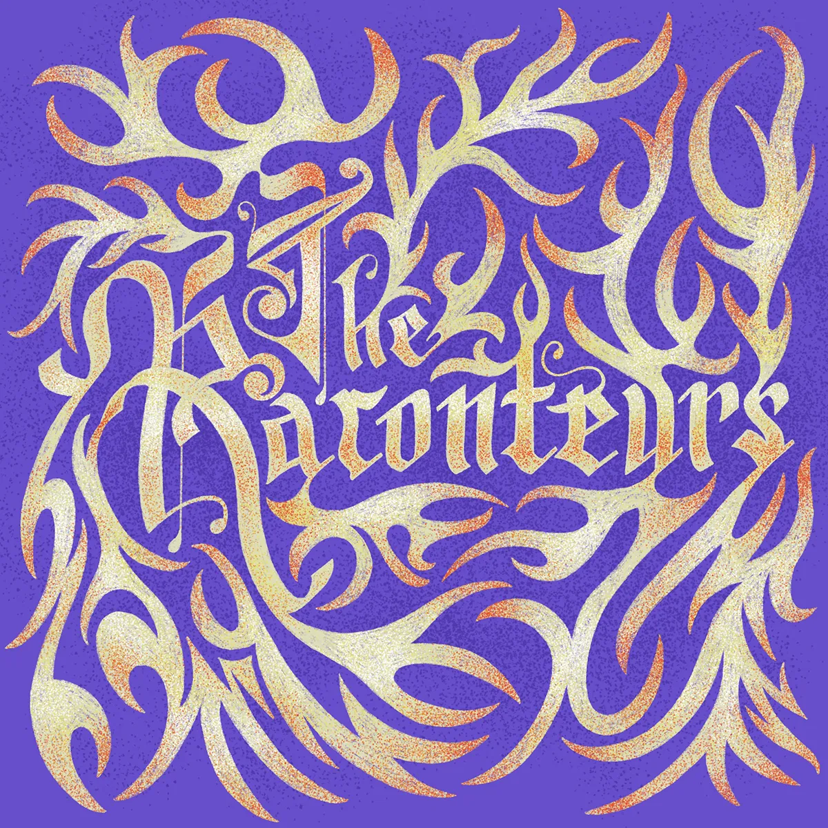 Blackletter Lettering rendant hommage à The Raconteurs, avec des extrémités de lettres qui se terminent en flamme, jusqu'à remplir tout le carré contenant le dessin.