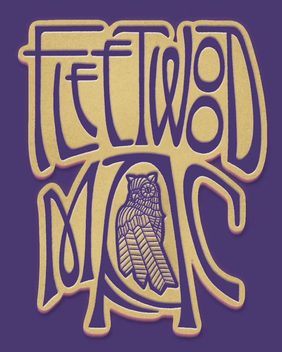 Lettering Style Art Déco rendant hommage à Fleetwood Mac. Dans l'ouverture du A est dessiné un hibou.