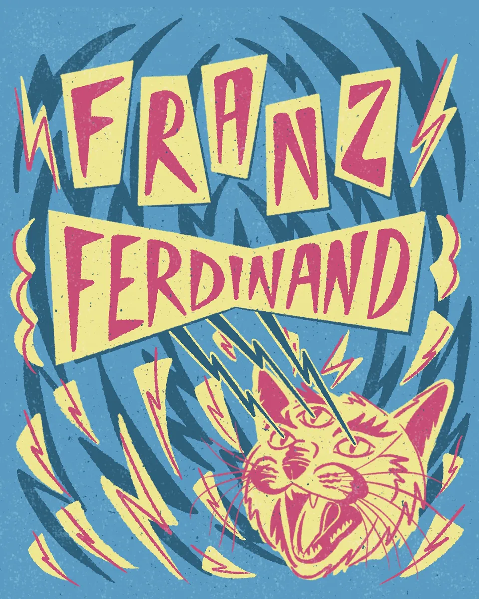 Affiche Punk rendant hommage à Franz Ferdinand. Le dessin comprend la tête d'un chat à trois yeux qui tirent des éclairs.