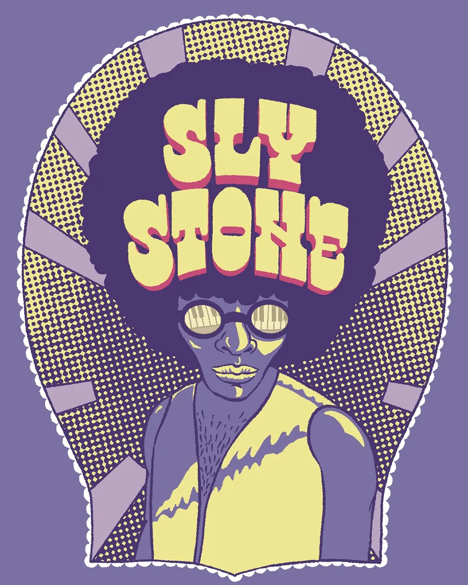 Dessin de Sly Stone dans un style comics, un clavier de piano se reflète dans ses lunettes et un western lettering écrit son nom dans ses cheveux.
