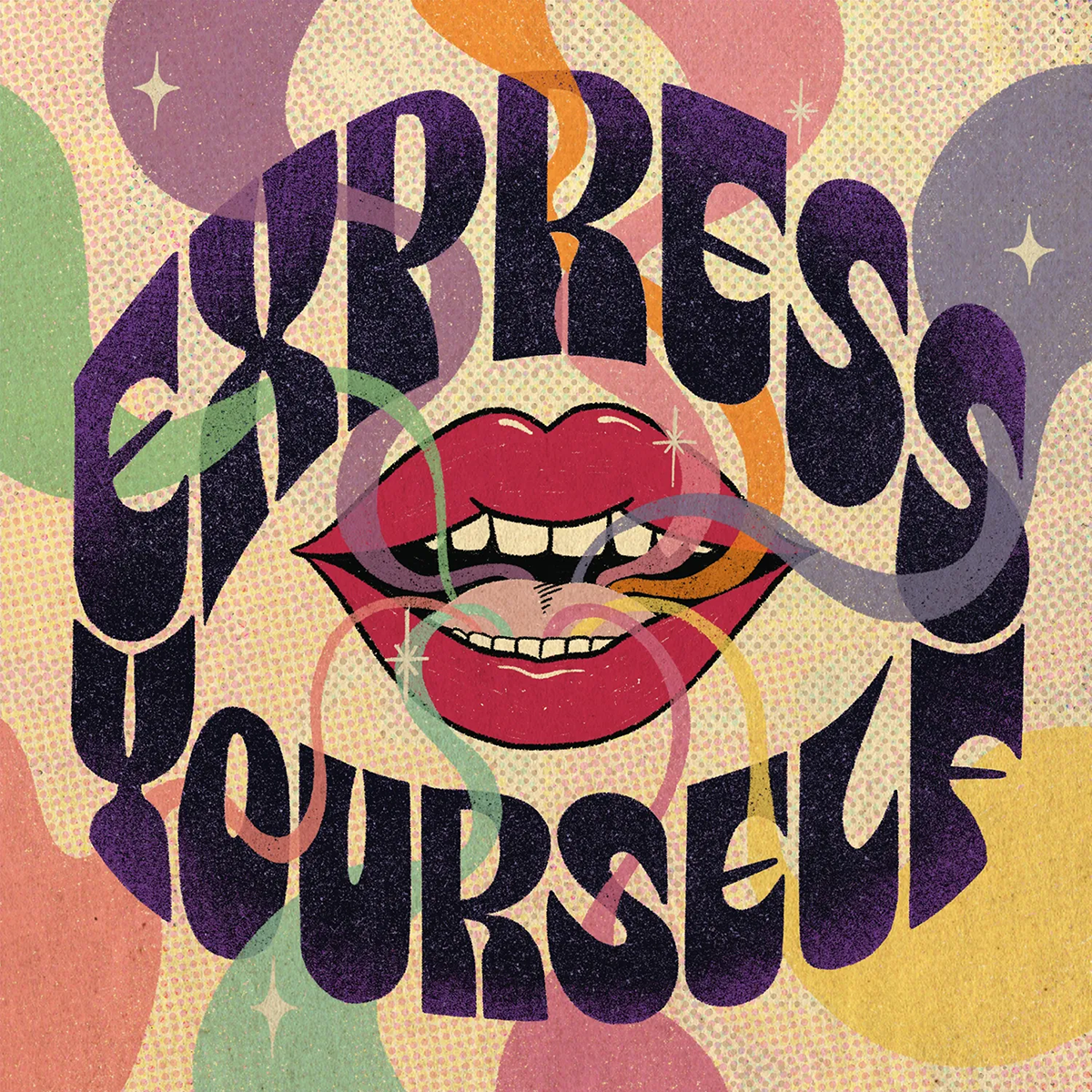 Dessin d'une bouche ouverte de laquelle s'échappe des fumées de toutes les couleurs et autour, en lettering, les mots "Express Yourself".