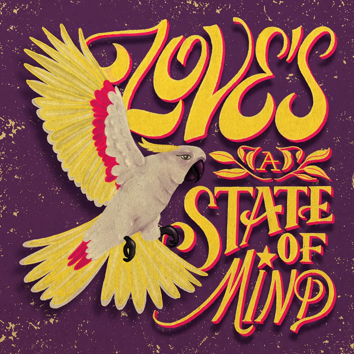 Dessin d'un cacatoès devant la phrase dessinée Love's a state of mind.